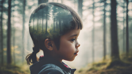 Double exposure portrait of child combined with nature.  AI generated image, ai. environment save...
