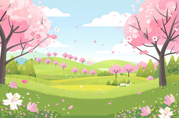 cartoon, meadow, summer, cherry blossoms, illustration