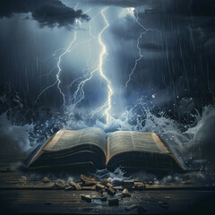 Torn book with thunder and lighting, Holy Bible Exodus revelation concept