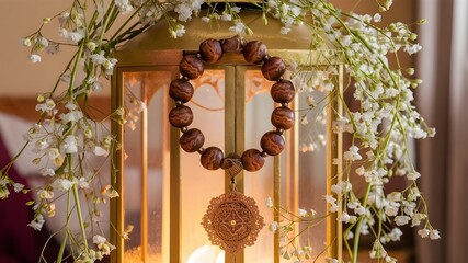 Eid-al-Adha Elegance Golden Lantern, Wooden Rosary, and Floral Splendor