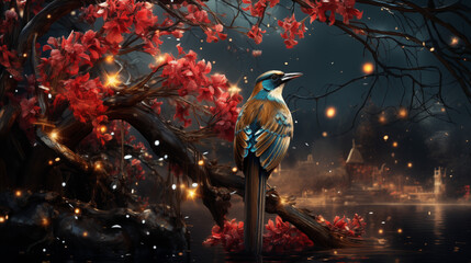 nice bird sitting on a tree with stars in the nightsky - Powered by Adobe