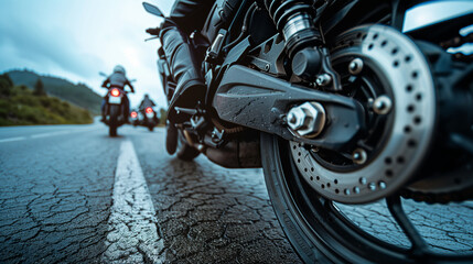 Closeup of motorcycle parade on highway, biker show concept