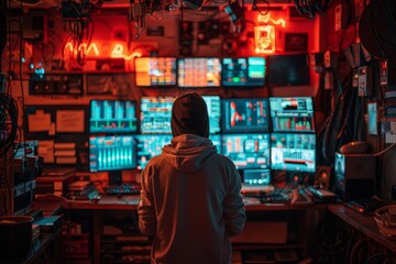 Obraz premium A technical expert carefully analyzes data on multiple illuminated monitors in a vibrant, neon-lit control room environment