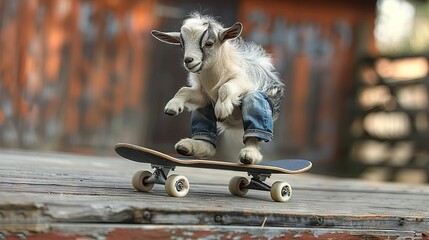   Goat skateboarding on wooden deck with fence background - Powered by Adobe