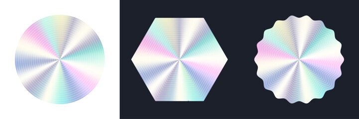 Holographic silver shapes. Vector mesh hologram, metallic foil stamps