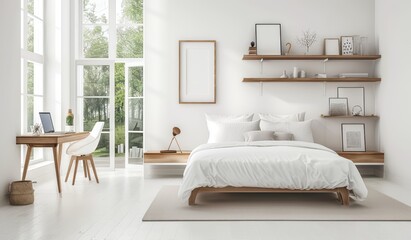 A white bedroom with wooden accents, featuring an elegant bed and desk setup, and a blank wall for displaying artwork or photos