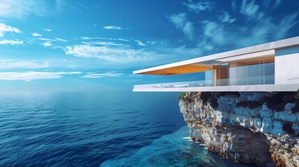Architectural masterpiece with a cantilever design over a cliff, side view, featuring ocean expanses.