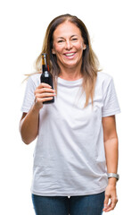 Middle age hispanic woman drinking beer over isolated background with a happy face standing and smiling with a confident smile showing teeth