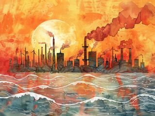 Realistic image capturing the essence of global warming: a world under the effects of La Nina with heat waves emanating from a boilerwatercolor illustration