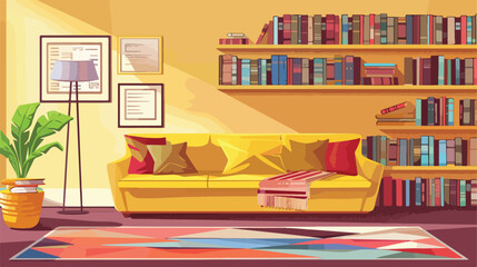Living room with couch and stack of books Vector illustration