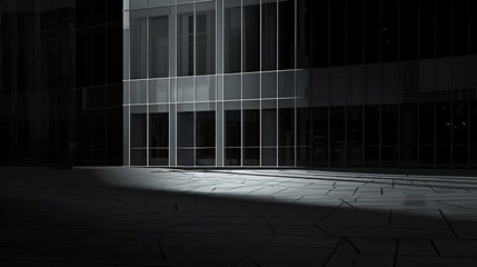 Capture a dramatic long shot of a lone figure, standing in the shadows outside a corporate office building The figure should be faceless yet mysterious, blending into the darkness with a distant.