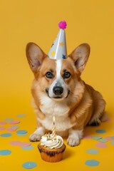 corgi dog wearing a party hat with a cupcake with one candle, confetti, solid color background, fun dog birthday