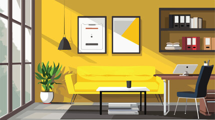 office room interior with yellow sofa in flat design