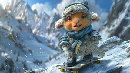   Cartoon sheep on snow-covered mountain with skateboard and scarf