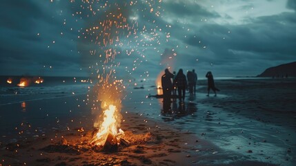 Strangers rejoicing in the summer solstice by lighting bonfires on the beach their faces obscured in the flickering light - Powered by Adobe