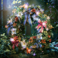 Sparkling ribbons on a Memorial Day wreath in a mystical garden, fantasy theme.