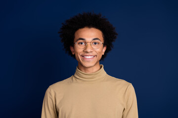 Photo portrait of handsome young man look camera smile dressed stylish beige garment isolated on...