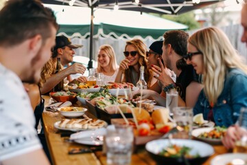 group of friends at casual social gathering with vegan  food. Healthy lifestyle at cafe or restaurant terrace