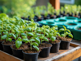 Basil seedlings thrive in bio pots, green plants in peat pots. Baby plants grow in small pots alongside trays for agricultural seedlings. - Powered by Adobe