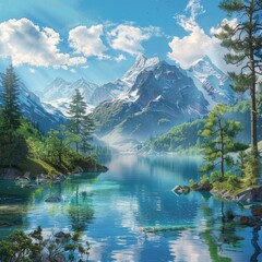 tranquil peaceful landscape lake in the mountains covered with snow and with pine trees on sunny day