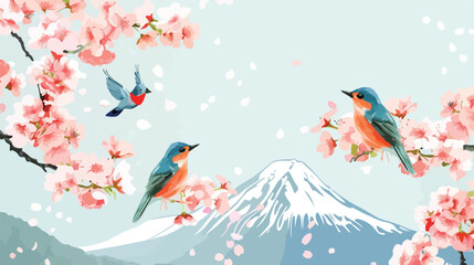 Lovely birds with cherry tree and mountain background