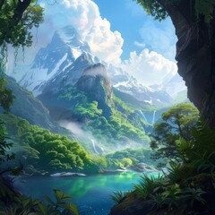 breathtaking view of green nature landscape with lake and mountains. Environment concept.