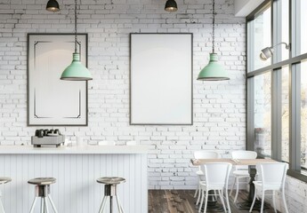 A white brick wall in an American style coffee shop with mint green pendant lights hanging above the bar and chairs around it