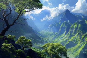 aerial view of breathtaking scenery of green nature landscape with lake and mountains. Environment concept.