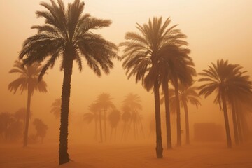 Naklejka premium palm trees in the desert or beach during sandstorm or dust storm. Environment issue. Climate change.