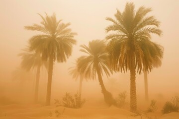 Obraz premium palm trees in the desert or beach during sandstorm or dust storm. Environment issue. Climate change.