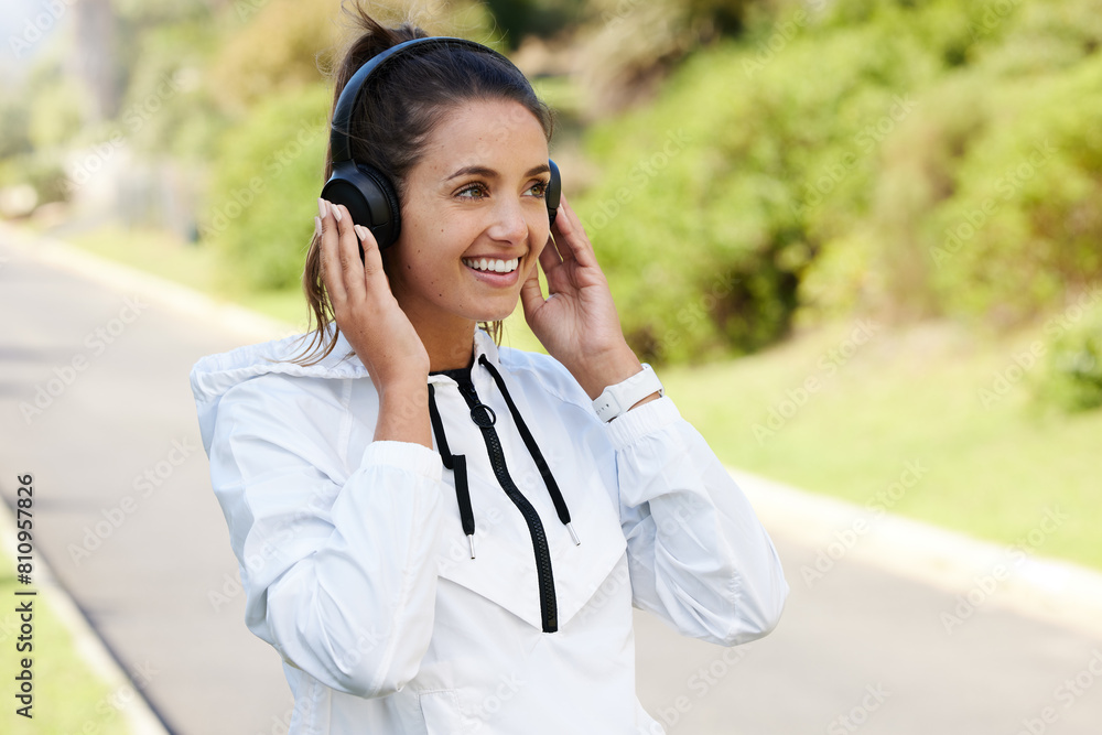 Canvas Prints Woman, headphones and smile outdoor for fitness, wellness and health or cardio on weekend. Personal trainer, headset and happiness with music by road for exercise or sports in morning pre workout