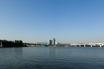 View of the river with the buildings and bridges