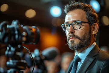 A professional man in a dark suit stands in front of media cameras at a press conference, mic visible