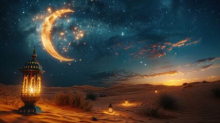 Ramadan Kareem - Arabic Lantern At Night In desert With Crescent Moon And Magic Glittering