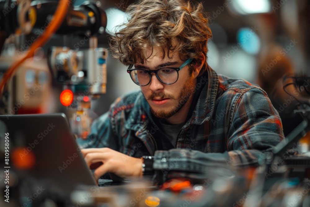 Poster concentrated male technician is programming robots using a laptop in an automated workshop with indu