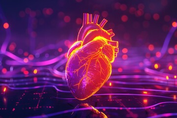 Virtual glowing heart anatomical view of the organ. Concept for studying human circulatory system