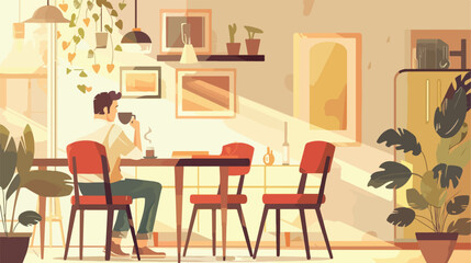 Man drinking coffee in the dining room Vector illustration