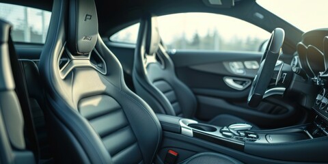 Modern car interior. Interior of prestige modern car. Comfortable leather seats. Steering wheel and dashboard. Modern car interior details.