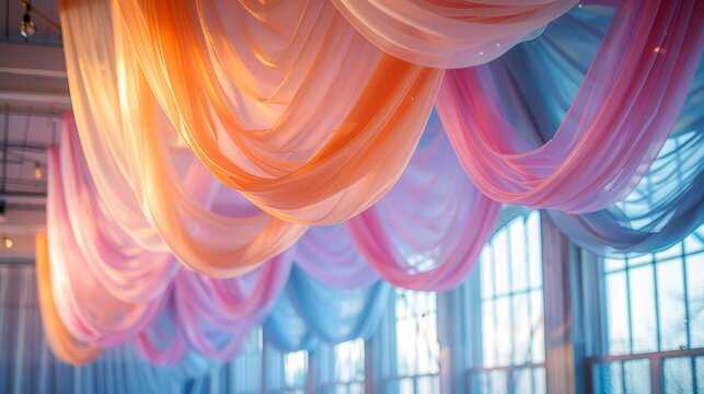 wedding venue decor, pastel chiffon drapes add a dreamy, ethereal touch to the wedding venue as they hang elegantly from the ceiling