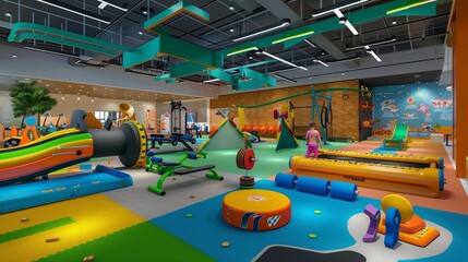 A playful fitness zone for children equipped with colorful gear, obstacle courses, and engaging games.