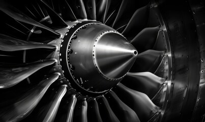 Monochrome Detail Shot of Modern Jet Engine Turbine Blades, Focusing on Aviation Technology and Engineering Excellence