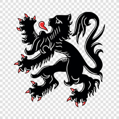 Black Heraldic Lion, Symbol of Flanders on Transparent Background