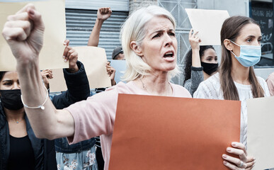 Mature, woman and fight, protest and vaccine in city for rights, choice and decision, poster or...
