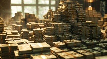 Endless Wealth: Massive Piles of Cash in a Sunlit Room, Symbolizing Vast Fortune and Financial Power
