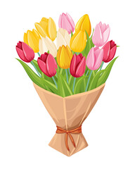 Bouquet of colorful tulips wrapped in paper.  Vector illustration.