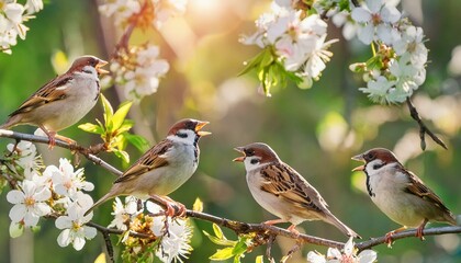 Fototapeta premium A flock of sparrows sings happily on the branches of a tree with spring flowers and sunlight