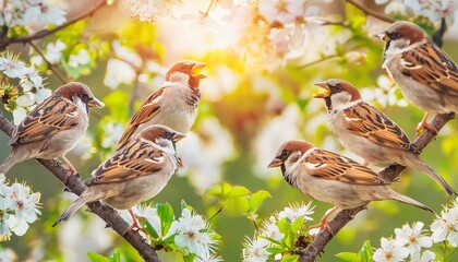 A flock of sparrows sings happily on the branches of a tree with spring flowers and sunlight