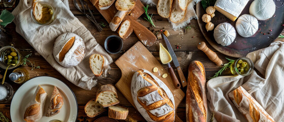 Table with variety of freshly made breads and artisan cheeses, art and craft, quality and care