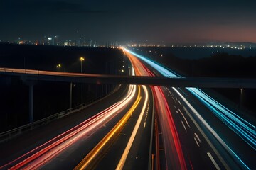 Photo of a highway at night. Neon night highway track with colorful lights and trails Generative AI 