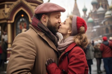 Obraz premium A Couple Sharing a Passionate Kiss in the Snow Fictional Character Created By Generative AI. 